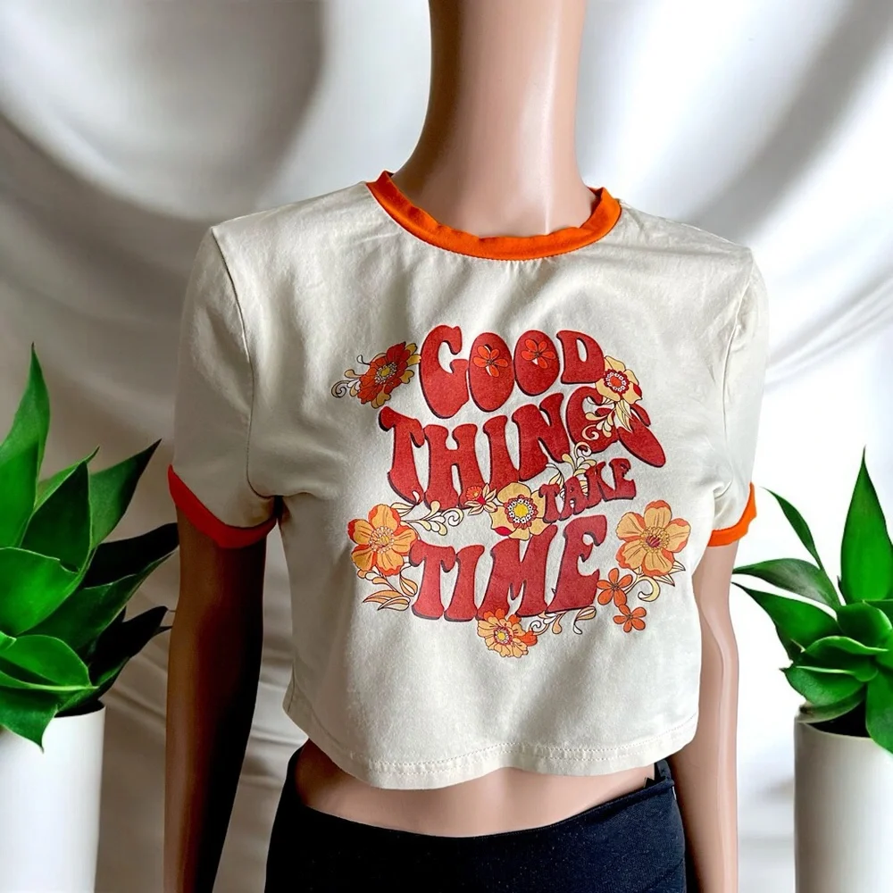 “Good Things Take Time” Slogan Contrast Graphic Cropped Tee - Picture 11 of 16